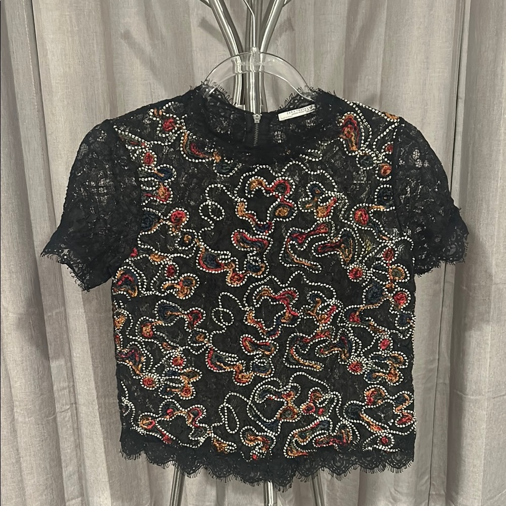 Zara Black‎ and Orange/red tones Embellished Crop Blouse